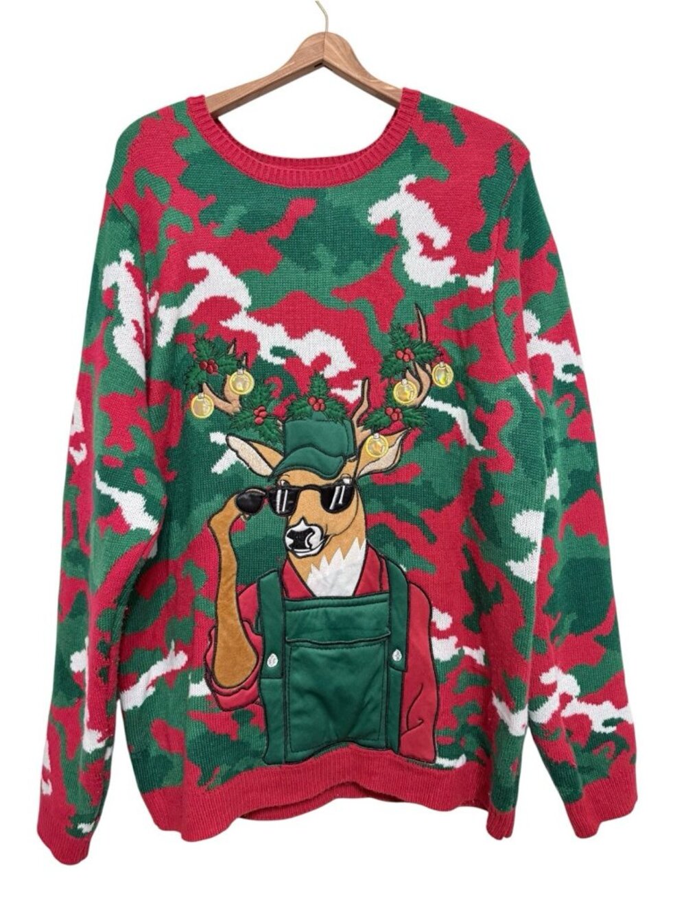Holiday Time Sweater Mens XL Green Red Ugly Christmas Reindeer Camo Pullover